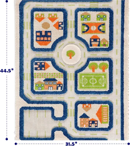 Vista 2 de IVI Alfombra de juego gruesa 3D para niños con diseño de ciudad colorida con campo de fútbol, estacionamiento y carreteras, azul, 32 x 45 pulgadas