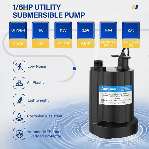 Vista 5 de Acquaer Bomba de agua sumergible Bomba de sumidero de 1/6 HP, bomba de utilidad termoplástica, pequeña bomba de agua eléctrica de 1750 GPH para Gery