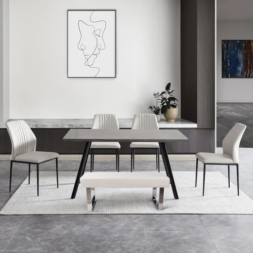 Vista 13 de ZckyCine Conjunto moderno de mesa de comedor de 5 piezas con mesa rectangular de madera y 4 sillas tapizadas en cuero, capacidad para 4 personas