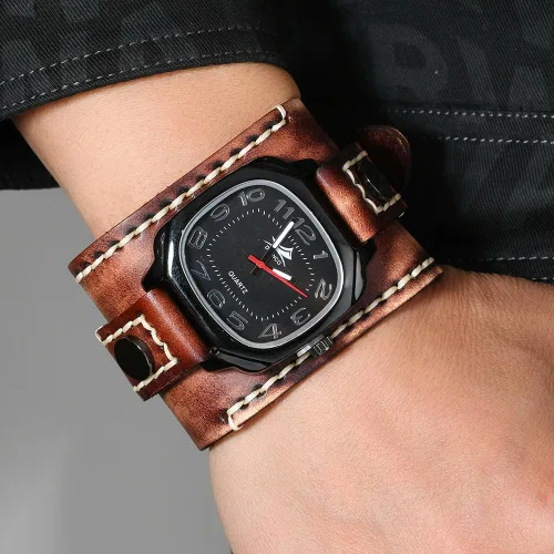Vista 5 de MINILUJIA Relojes hechos a mano para hombre con cuerda de cera cosida, estilo vintage, punk, hip-hop, gótico, ancho, de cuero suave, reloj de hombre