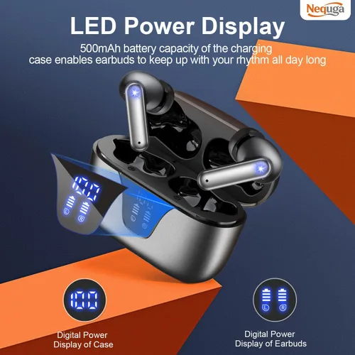 Vista 2 de Auriculares inalámbricos Bluetooth, auriculares de reproducción de 50 horas con micrófono, funda de carga con pantalla digital LED, IPX7