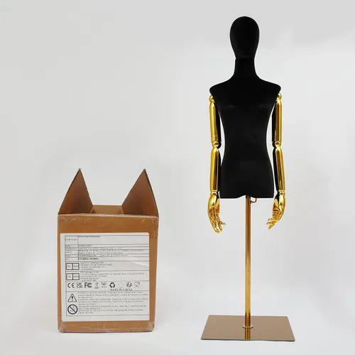 Vista 9 de Maniquí femenino de terciopelo con brazos y base dorados, altura ajustable de 59 a 79 pulgadas, soporte de exhibición de medio maniquí