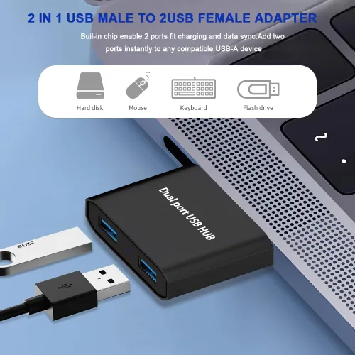 Vista 2 de Concentrador USB, divisor USB 1 en 2 salidas, doble concentrador USB para laptop, Xbox PC, MAC, Mac Book, tableta, pestaña, consola, impresora