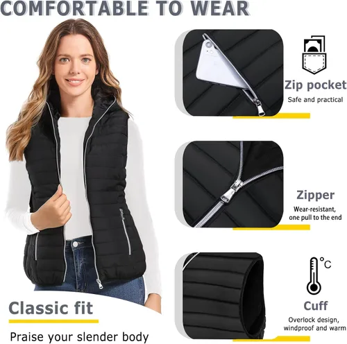 Vista 6 de DULCET Women's Hoodie Vest Soft Light weight Quilted Winter Gilet With Zip Up Pockets