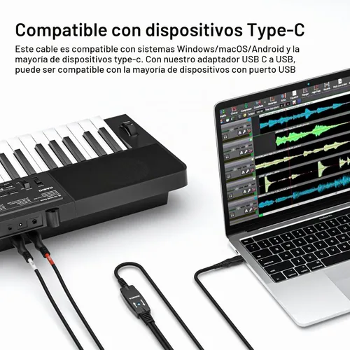 Vista 3 de Cable MIDI, cable de interfaz MIDI a tipo C de 4.5 pies, interfaz MIDI de entrada/salida a adaptador de cable tipo C con indicador para teclado