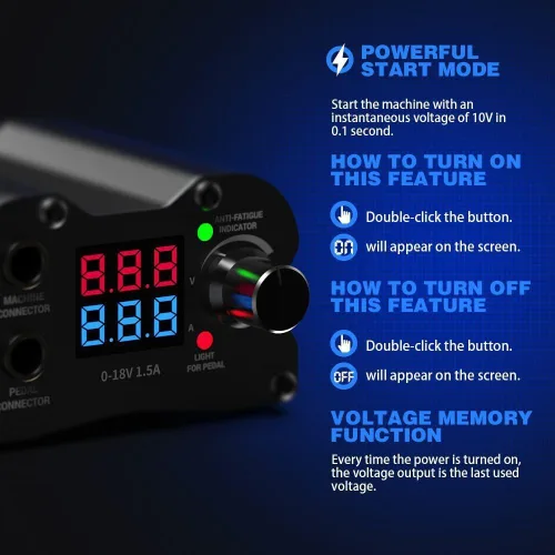 Vista 3 de Fuente de alimentación de tatuaje digital con control de voltaje ajustable y función de memoria, pantalla LCD máquina de tatuaje unidad de potencia