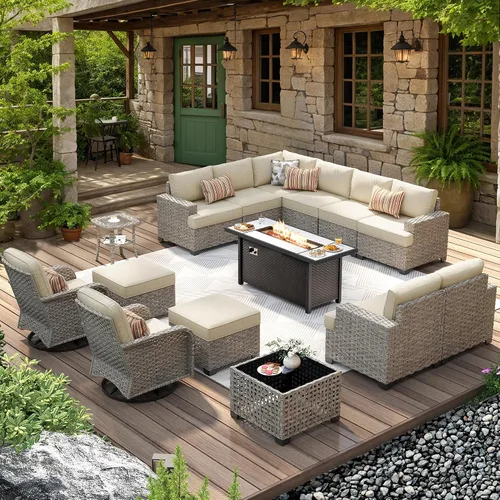 Vista 12 de HOOOWOOO Juego de Muebles Seccionales para Patio al Aire Libre, 6 Piezas Juegos de Conversación de Mimbre Sofá en Forma de L, Sofá Extra Profundo