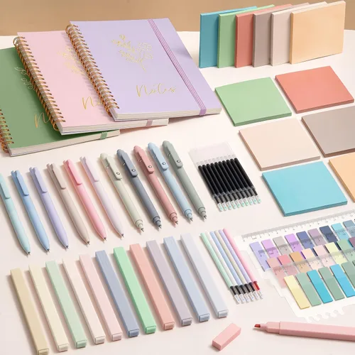 Vista 5 de 58 piezas de útiles escolares estéticos, lindo conjunto de cuadernos espiralados A5 con reglas universitarias, papelería para regreso a clases, kit