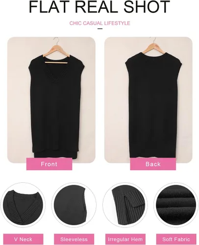 Vista 5 de EVALESS Chaleco Suéter de Gran Tamaño para Mujeres Cuello en V Sin Mangas Color Sólido Suéter Pullover Suelto