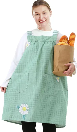 Vista 5 de Delantales sin lazos para mujer, talla grande, con bolsillos, de algodón, lino, para hornear, cocina, cocina
