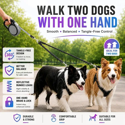 Vista 3 de Correa doble retráctil para perros de hasta 115 libras – Correas de acoplamiento de 18.6 pies para perros pequeños y medianos – Un sistema de Gris