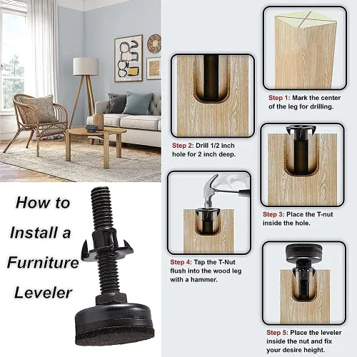 Vista 6 de Pies niveladores de muebles ajustables y resistentes para armarios, sofás, mesas, sillas, elevadores, soporte de 1320 libras, kit de tuercas en T