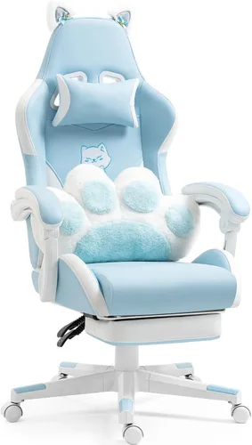 Vista 19 de Silla ergonómica de cuero para juegos con reposapiés, cómoda silla de juegos beige con cómodo reposacabezas y soporte lumbar para adultos, niños