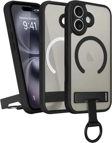 Vista 16 de Funda para iPhone 16 Pro Max, compatible con Magsafe, color negro Funda magnética mate translúcida, agarre de anillo de dedo, soporte ajustable