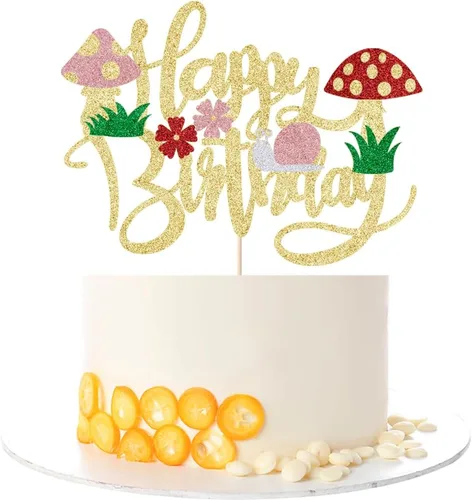 Vista 4 de Kaoenla Decoración para tartas de hongos con purpurina, hongos y flores en primavera, el tema, decoraciones de feliz cumpleaños para niñas y niños