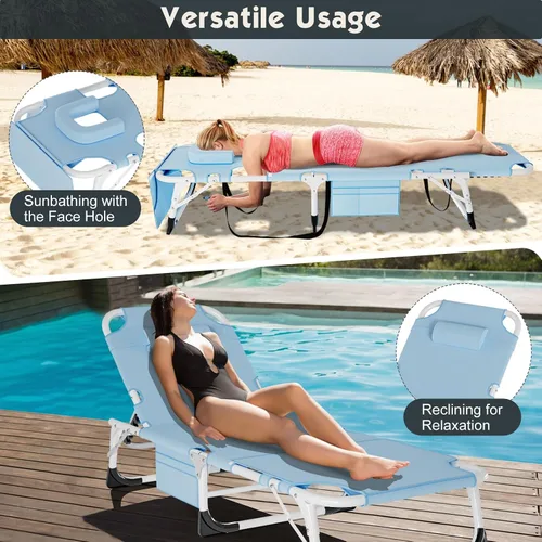 Vista 4 de MOPHOTO Silla de Bronceado, Silla de Sol al Aire Libre de 5 Posiciones, Silla de Sol Plegable, Silla de Sol con Orificio para la Cara, Perfecta