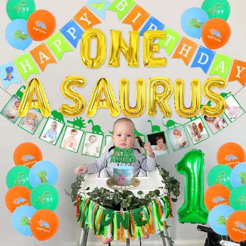 Vista 2 de Sursurprise Decoraciones de cumpleaños de One a Saurus, suministros de fiesta de primer cumpleaños de dinosaurio con globos, pancarta para silla