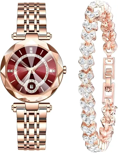 Vista 5 de Relojes de mujer con pulsera oro rosa para dama elegante correa de acero inoxidable moda analógico creativo diamante dial reloj de pulsera