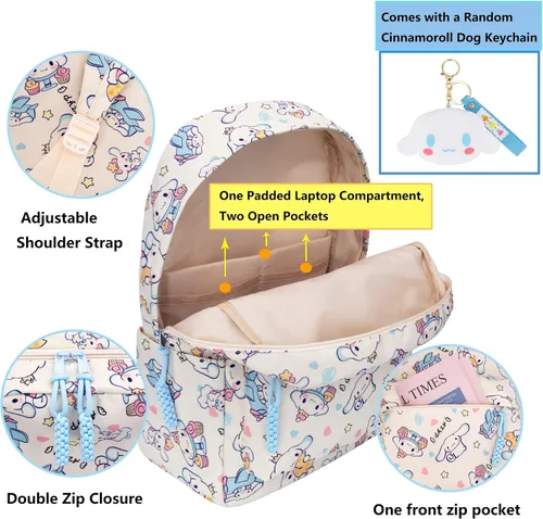 Vista 5 de Roffatide Anime Cinnamoroll Mochila casual de 18 L con dibujos animados, bonita mochila de viaje para la noche, mochila Kawaii con llavero beige