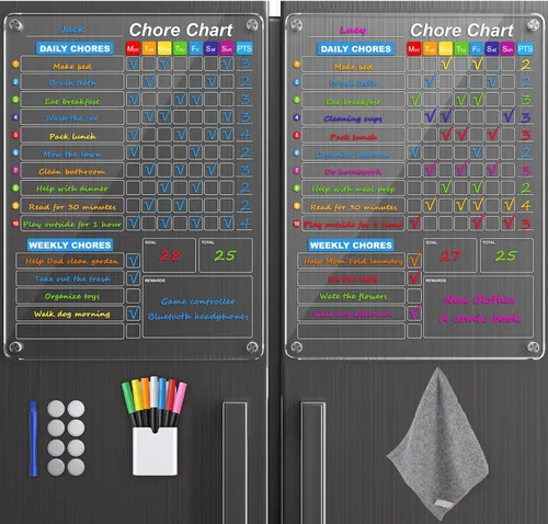 Vista 8 de Calendario acrílico magnético negro de borrado en seco para refrigerador, mensual y semanal/tabla de planificación de tareas para niños, adultos