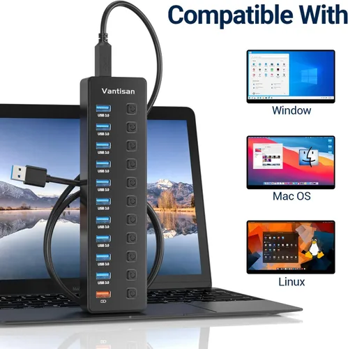 Vista 6 de Hub USB alimentado, divisor de concentrador USB 3.0 de 11 puertos, 10 puertos de transferencia de datos USB 3.0 + 1 puerto de carga inteligente