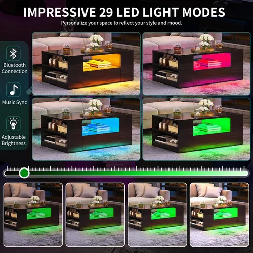 Vista 7 de Mesas de centro LED modernas YITAHOME para sala de estar Wood Center Table with 2 Storage Drawers, Open Shelves, High Gloss Finish, LED Lighting