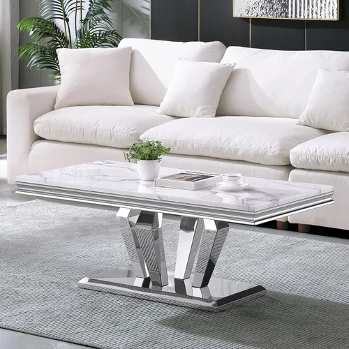 Vista 43 de SSLine Mesa de Centro Rectangular de Mármol Sintético para Sala de Estar, Mesa Central Moderna de Mármol Blanco de Lujo con Base Doble en Forma de U