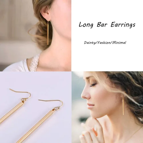 Vista 4 de Aretes largos de oro de 18 quilates con barra vertical, aretes de barra circular, joyería geométrica para mujeres y niñas