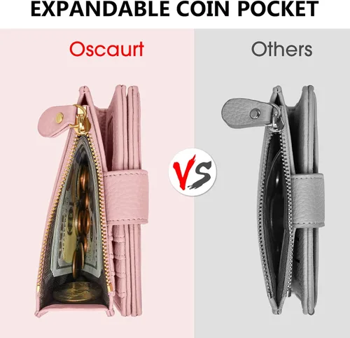 Vista 6 de oscaurt Cartera pequeña para mujer, con bloqueo RFID, plegable, compacta, para tarjetas de crédito, carteras de cuero para mujeres con bolsillo