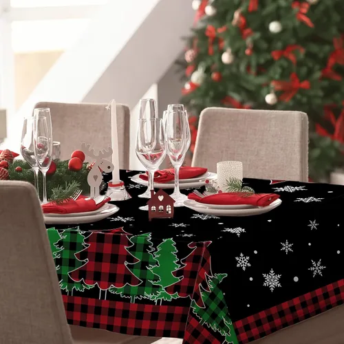 Vista 6 de pinata Manteles de Navidad de 52 x 70 pulgadas, mantel rectangular con diseño de árboles de Navidad, diseño de búfalo negro, a cuadros, oblongos