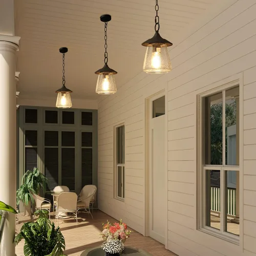 Vista 2 de LOG BARN Luces colgantes para exteriores, accesorio de porche en metal negro pintado con globo de vidrio transparente burbujeado, lámpara colgante