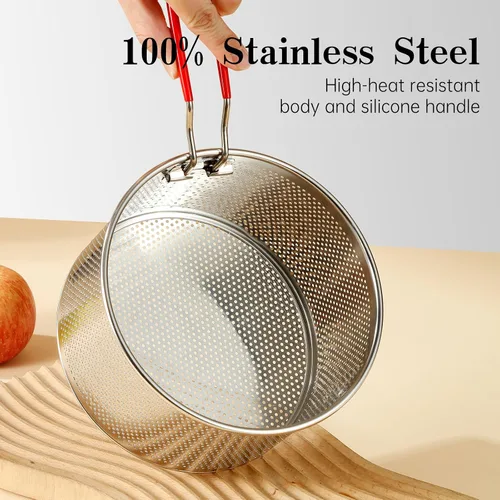 Vista 6 de Colador de acero inoxidable, colador de pasta de metal microperforado con gancho y mango extraíble, colador colador colador para cocina papas