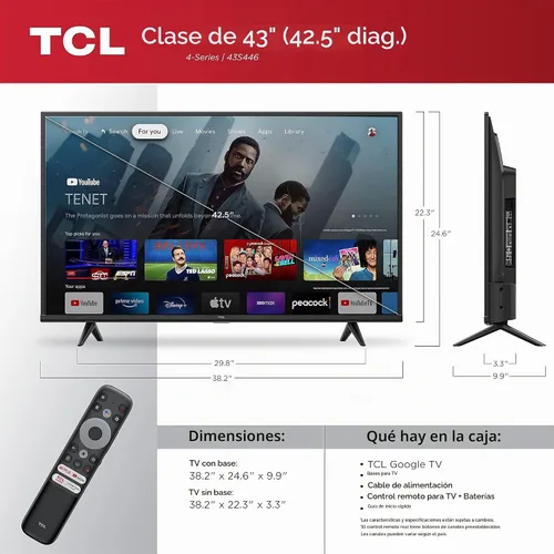 Vista 2 de TCL Smart TV de 43" clase 4-Series 4K UHD HDR con Google TV - Modelo 43S446, 2022
