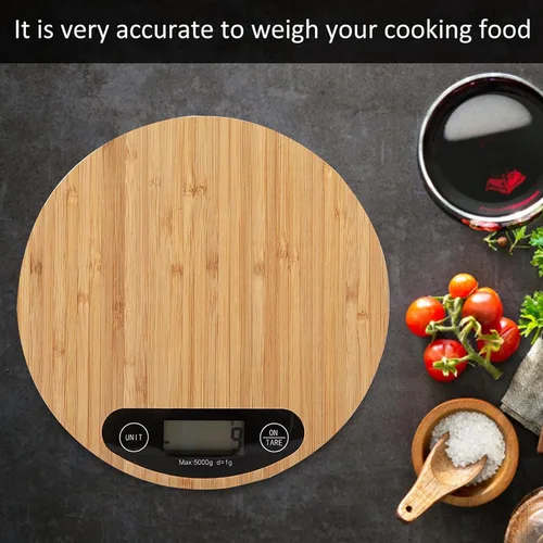 Vista 2 de Gavigain - Báscula digital redonda de bambú con 6 unidades, pantalla LCD, función de tara, báscula de alimentos de cocina de hasta 11.0 lbs