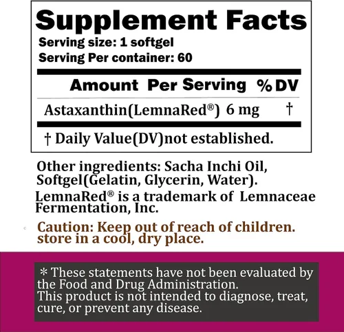 Vista 4 de Astaxantina de forma libre 6 mg Softgel-60 cápsulas blandas Suplemento dietético antioxidante más fuerte que apoya la salud de los ojos