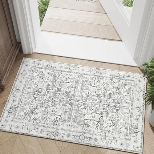 Vista 368 de jinchan Lima - Alfombra simétrica floral geométrica lavable, alfombra de entrada de medio círculo de 2 x 3, alfombra de media luna, suave y Azul