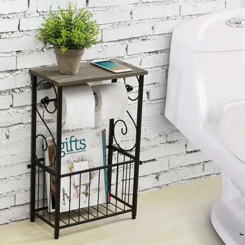Vista 2 de MyGift Soporte para rollo de papel higiénico y estante organizador de revistas con estante de exhibición de madera maciza gris, almacenamiento