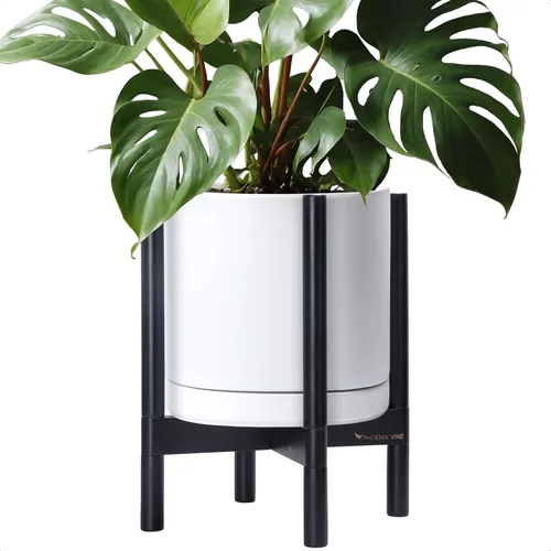 Vista 63 de D'vine Dev Maceta de cerámica con soporte de ébano – Maceta redonda moderna de 8 pulgadas con soporte para maceta de madera, color negro, 55-B-M-2