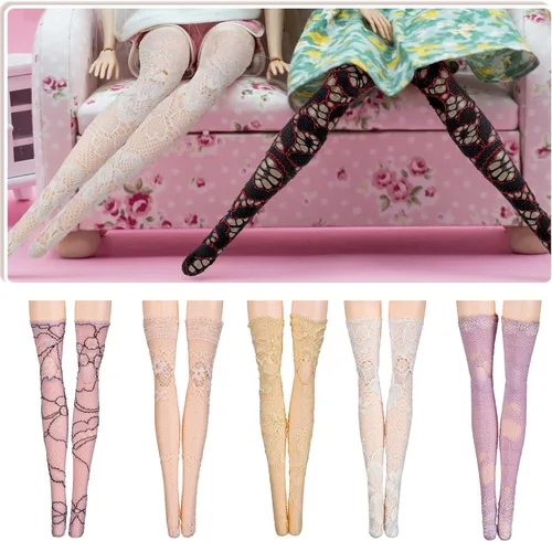 Vista 7 de Sotiff - 10 pares de medias de encaje para muñeca para ropa de muñeca Calcetines largos hechos a mano con patrones huecos de encaje, accesorios