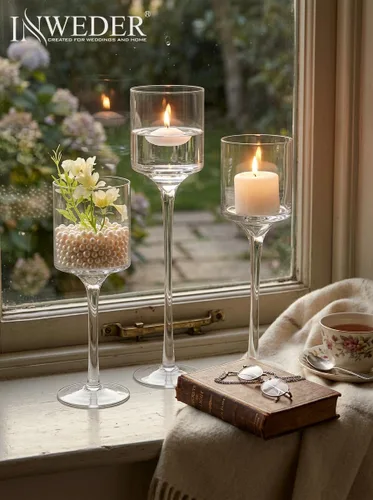 Vista 8 de Portavelas de cristal alto: portavelas flotantes de tallo largo para velas votivas y pilares grandes centros de mesa transparentes para boda, mesa