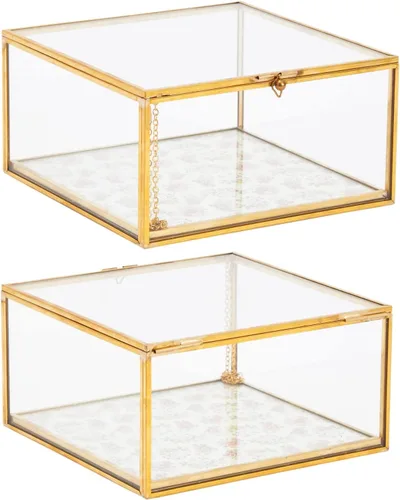 Vista 8 de Zodaca Joyero pequeño de cristal para recuerdos con marco de metal dorado, tapa de bisagra, diseño floral vintage (6 x 6 x 3 pulgadas)