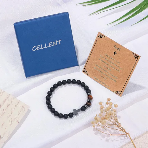 Vista 6 de Pulsera de cruz para hombres, para papá, hijo, nieto, marido, padrino, tío sobrino, hermano, regalo inspirador de ojo de tigre, pulsera curativa