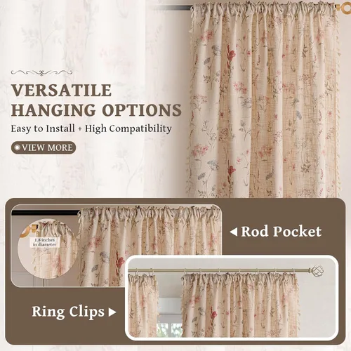 Vista 7 de STACYPIK Cortinas rústicas florales para ventana, cortinas semiopacas transpirables de 63 pulgadas de largo, 2 paneles lavables, cortinas filtrantes