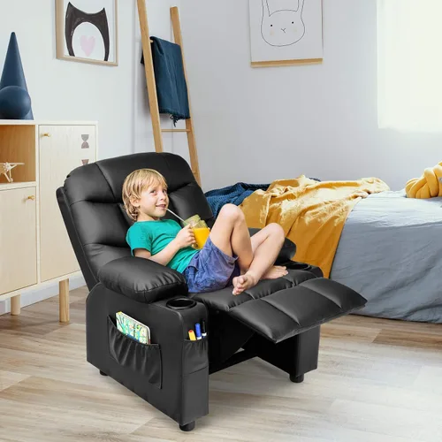 Vista 2 de Costzon Silla reclinable para niños con soporte para tazas, silla de salón de cuero ajustable con reposapiés y bolsillos laterales para habitación
