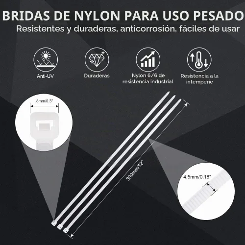 Vista 2 de Bridas blancas resistentes de 12 pulgadas, paquete de 100, 50 libras
