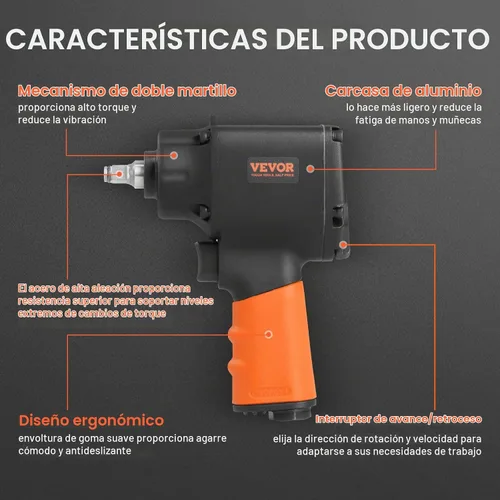 Vista 2 de VEVOR Llave de Impacto Neumática, Pistola de Impacto Neumática de Transmisión de 3/8 Pulgadas, Hasta 690 ft-lbs de Torque de Aflojamiento