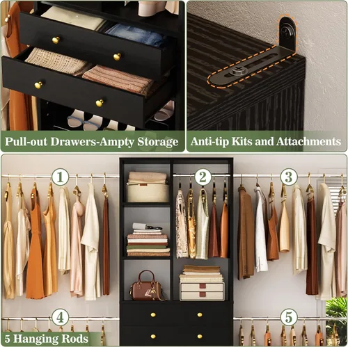 Vista 4 de Besiost Sistema de Armario, Organizador de Armario de 4.2 a 8.8 Pies con 2 Cajones y Estantes de Madera, Sistema de Armario Walk-in con 5 Varillas