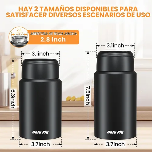 Vista 7 de Tarro de comida aislado de acero inoxidable, paquete de 2 unidades para trabajo y viajes, color negro Vacuum insulated thermos keeps soup/pasta