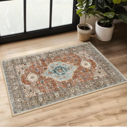 Vista 24 de Lahome Alfombra oriental lavable de área pequeña, 2 x 3 pies, para entrada, cocina, ultra fina, suave, tapete antideslizante para puerta de Azul