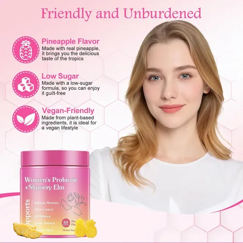 Vista 7 de Her Juicy - Gomitas femeninas de probióticos para mujeres, sabor a piña tropical, contiene olmo resbaladizo, apoya el equilibrio del pH, la salud